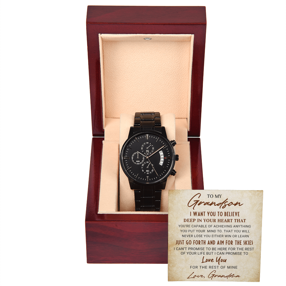 To My Grandson – Men's Black Chronograph Watch Gift from Grandma, Inspirational Message Card Included