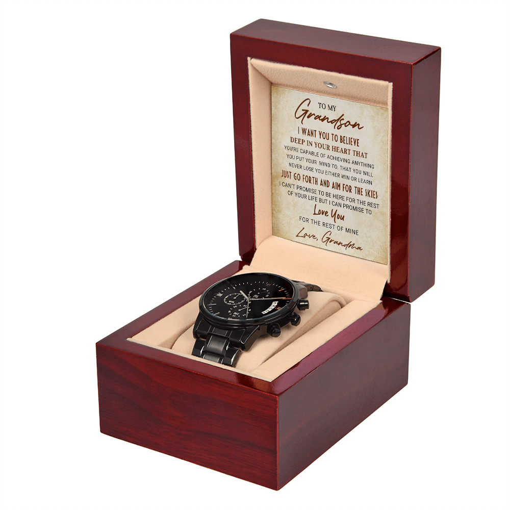To My Grandson – Men's Black Chronograph Watch Gift from Grandma, Inspirational Message Card Included
