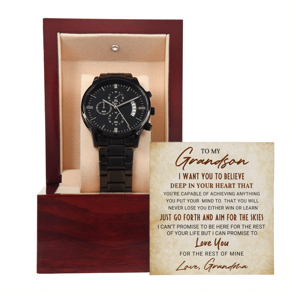 To My Grandson – Men's Black Chronograph Watch Gift from Grandma, Inspirational Message Card Included