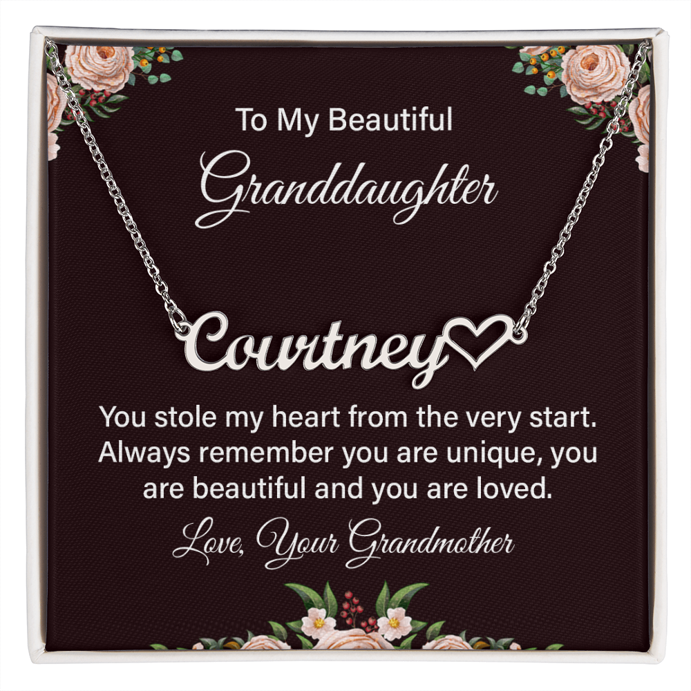 To My Beautiful Granddaughter Personalized Name Heart Necklace – Gift from Grandmother • Custom Name Jewelry • Sentimental Keepsake for Girls