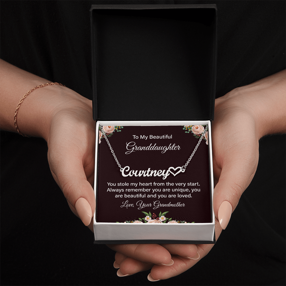 To My Beautiful Granddaughter Personalized Name Heart Necklace – Gift from Grandmother • Custom Name Jewelry • Sentimental Keepsake for Girls