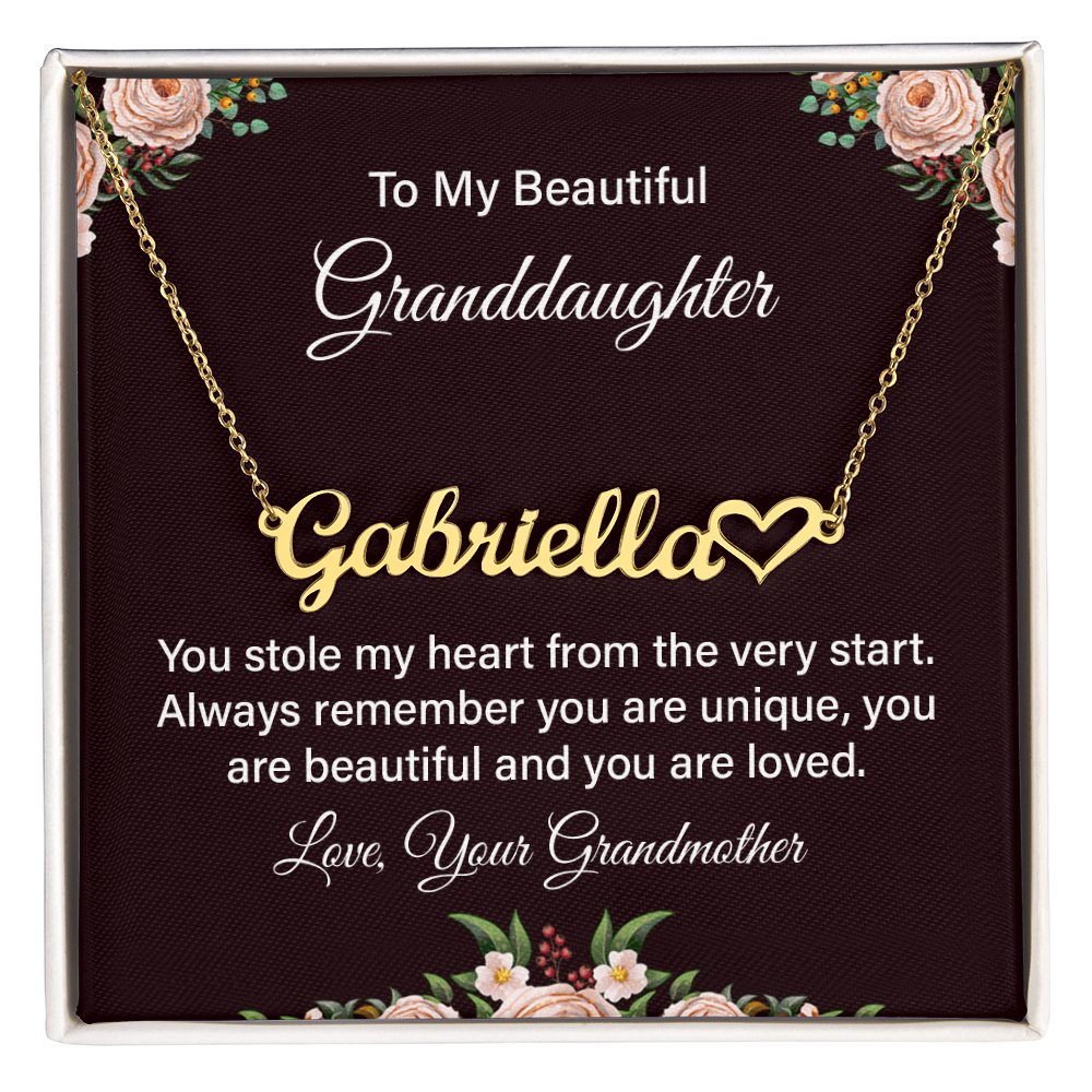 To My Beautiful Granddaughter Personalized Name Heart Necklace – Gift from Grandmother • Custom Name Jewelry • Sentimental Keepsake for Girls