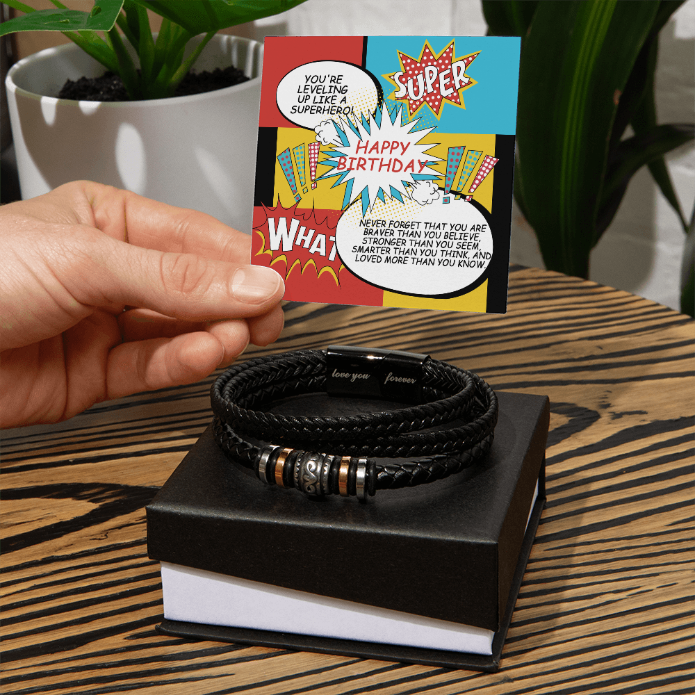Superhero Birthday Bracelet Gift – Inspirational Leather Bracelet with Fun Message Card for Him