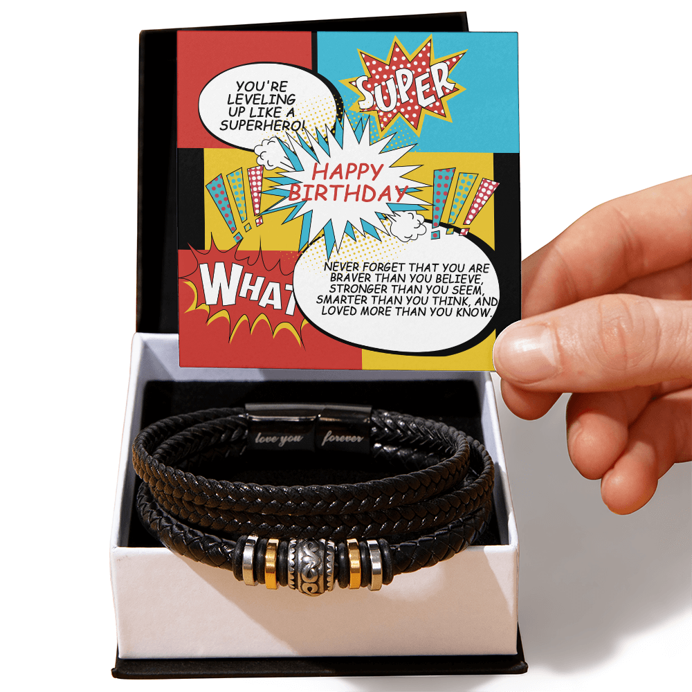 Superhero Birthday Bracelet Gift – Inspirational Leather Bracelet with Fun Message Card for Him