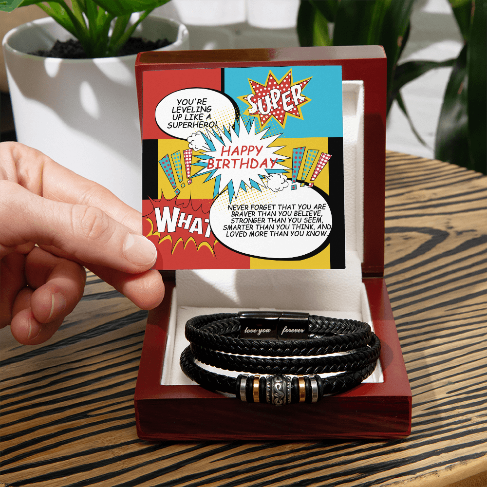 Superhero Birthday Bracelet Gift – Inspirational Leather Bracelet with Fun Message Card for Him