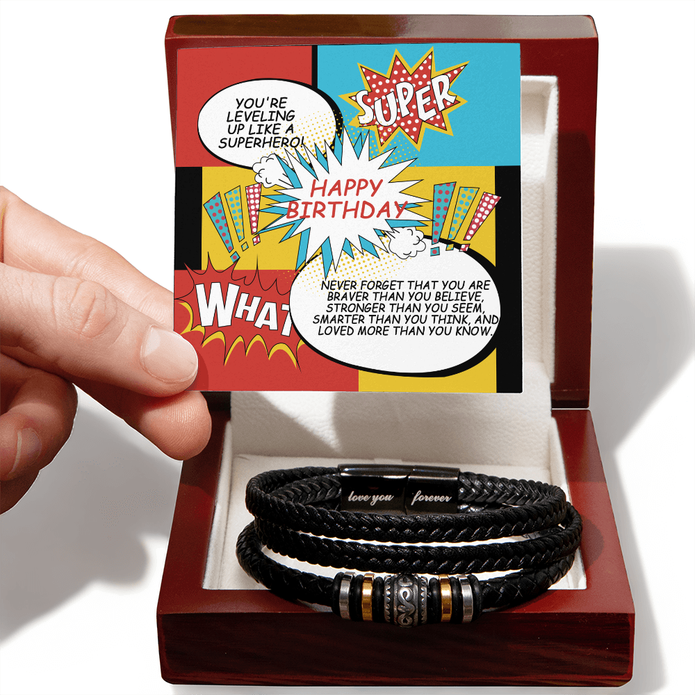 Superhero Birthday Bracelet Gift – Inspirational Leather Bracelet with Fun Message Card for Him