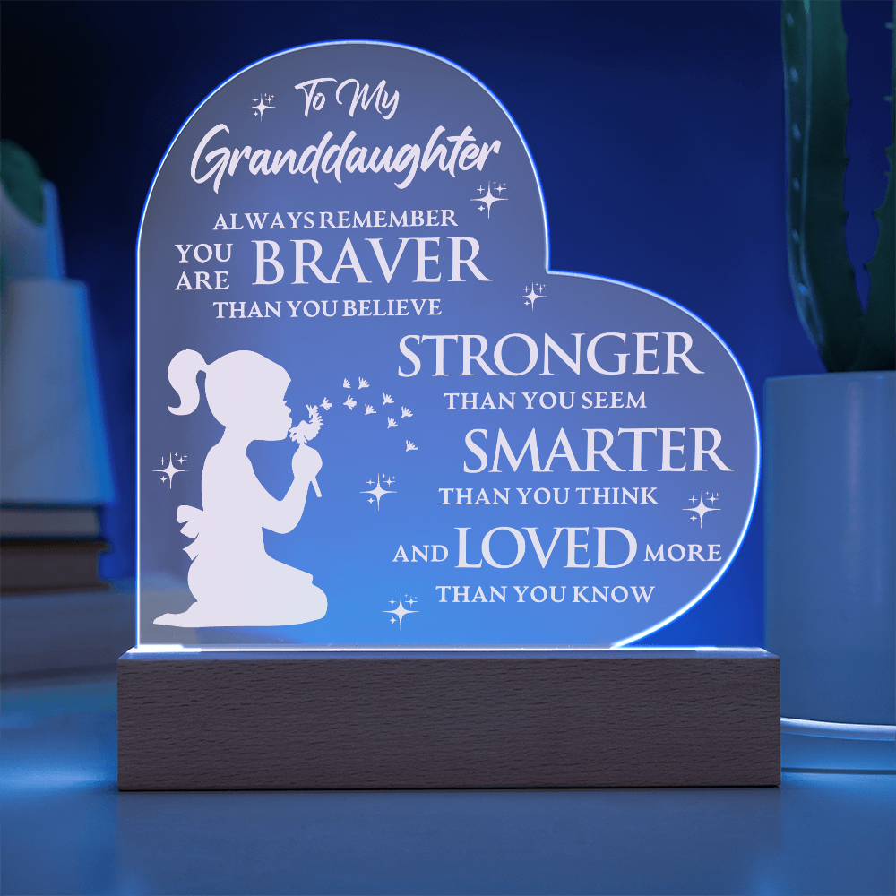 To My Granddaughter Lighted Heart Acrylic Plaque – Braver, Stronger, Smarter, Loved • LED Night Light Keepsake • Inspirational Gift from Grandma or Grandpa
