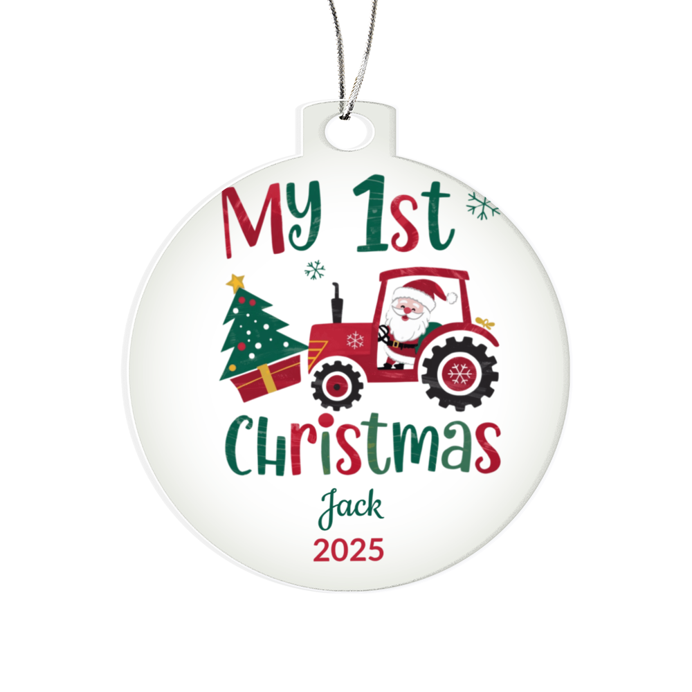 Personalized My 1st Christmas Santa Tractor Acrylic Ornament with Name & Year Keepsake Gift
