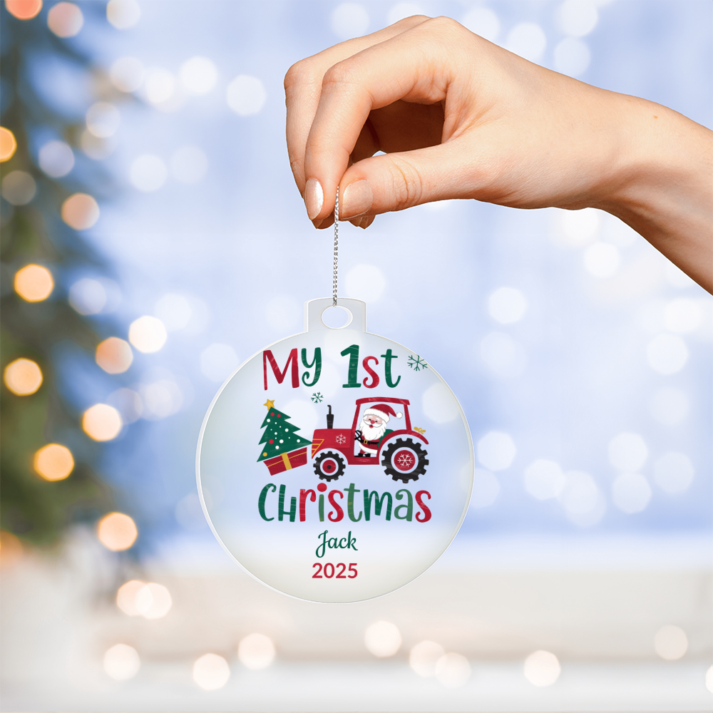 Personalized My 1st Christmas Santa Tractor Acrylic Ornament with Name & Year Keepsake Gift