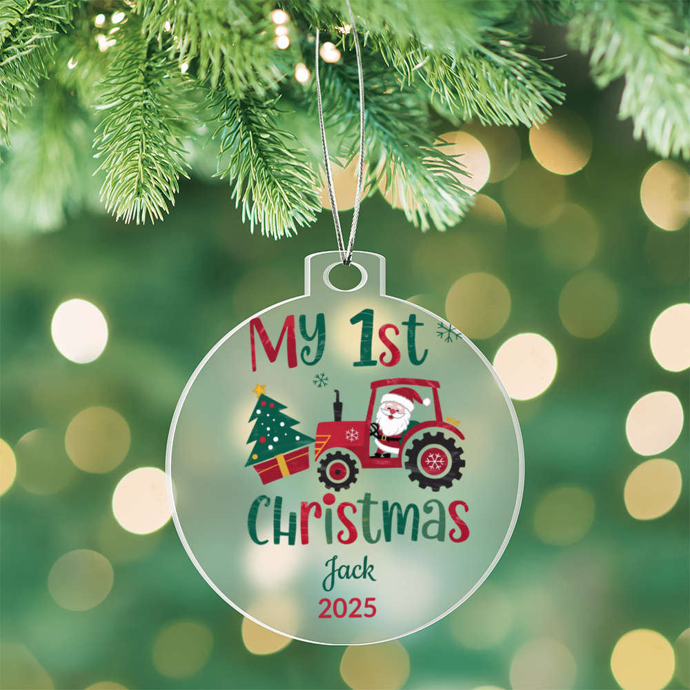 Personalized My 1st Christmas Santa Tractor Acrylic Ornament with Name & Year Keepsake Gift
