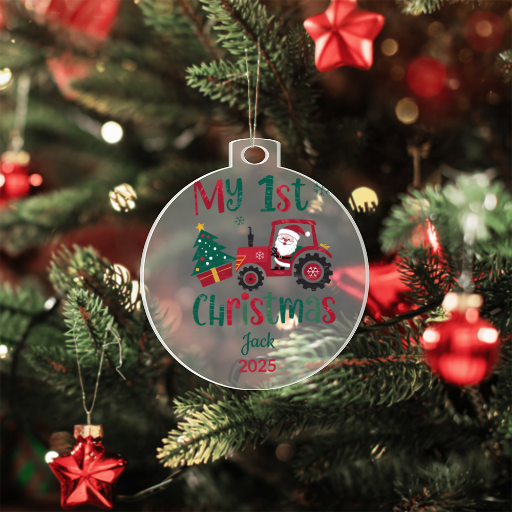 Personalized My 1st Christmas Santa Tractor Acrylic Ornament with Name & Year Keepsake Gift