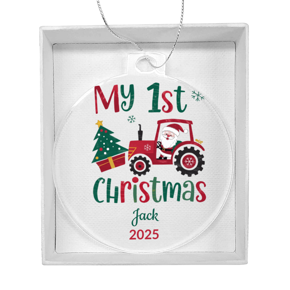 Personalized My 1st Christmas Santa Tractor Acrylic Ornament with Name & Year Keepsake Gift