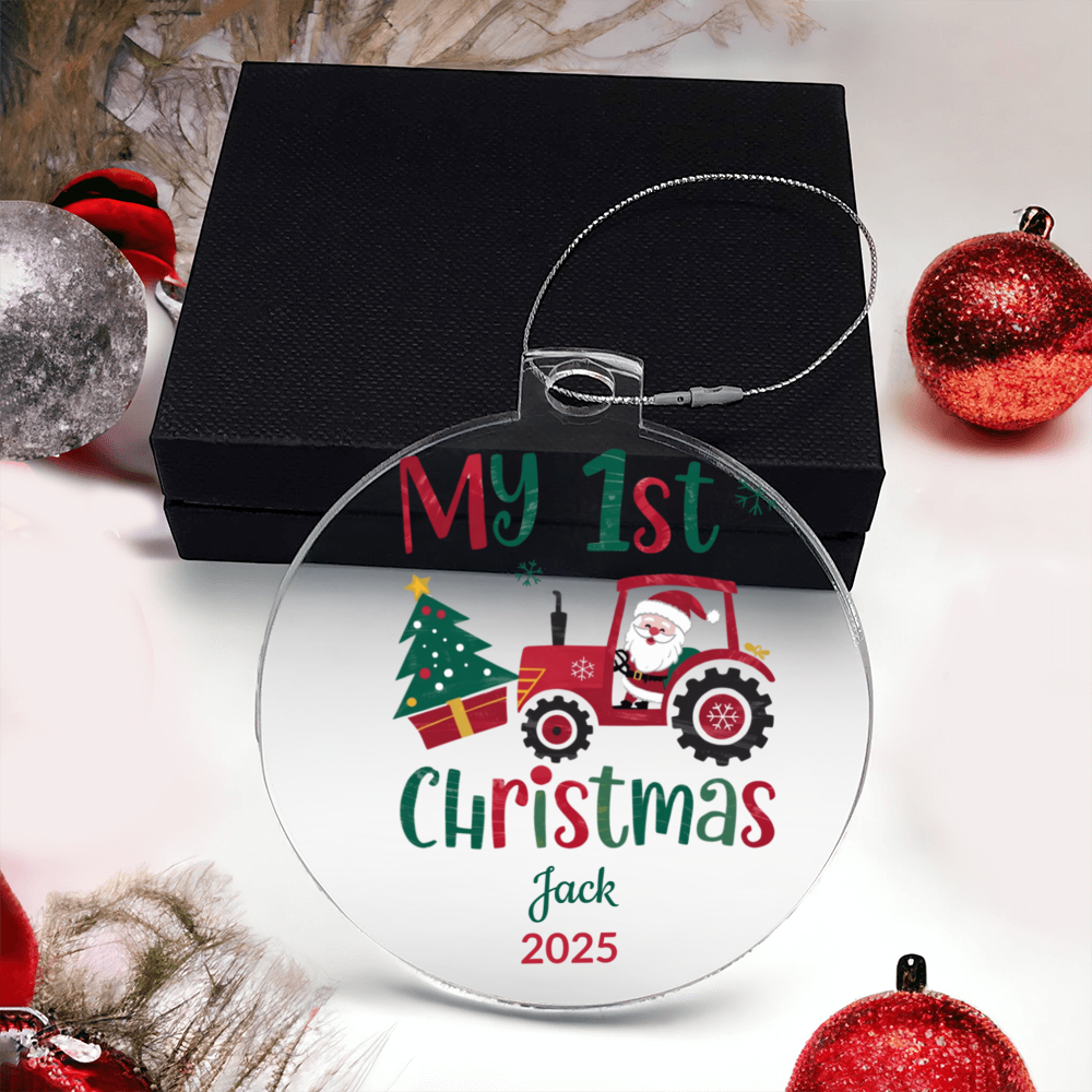 Personalized My 1st Christmas Santa Tractor Acrylic Ornament with Name & Year Keepsake Gift