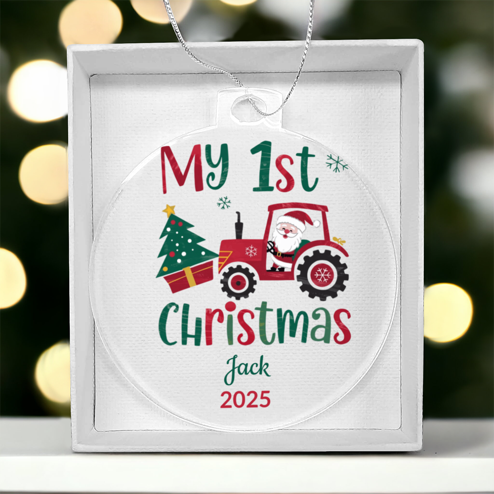 Personalized My 1st Christmas Santa Tractor Acrylic Ornament with Name & Year Keepsake Gift