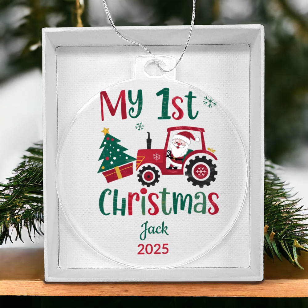 Personalized My 1st Christmas Santa Tractor Acrylic Ornament with Name & Year Keepsake Gift