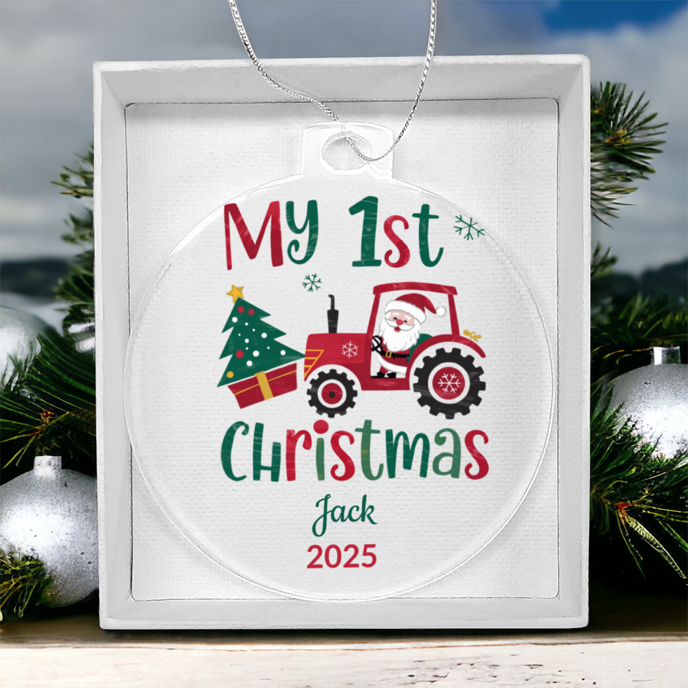 Personalized My 1st Christmas Santa Tractor Acrylic Ornament with Name & Year Keepsake Gift