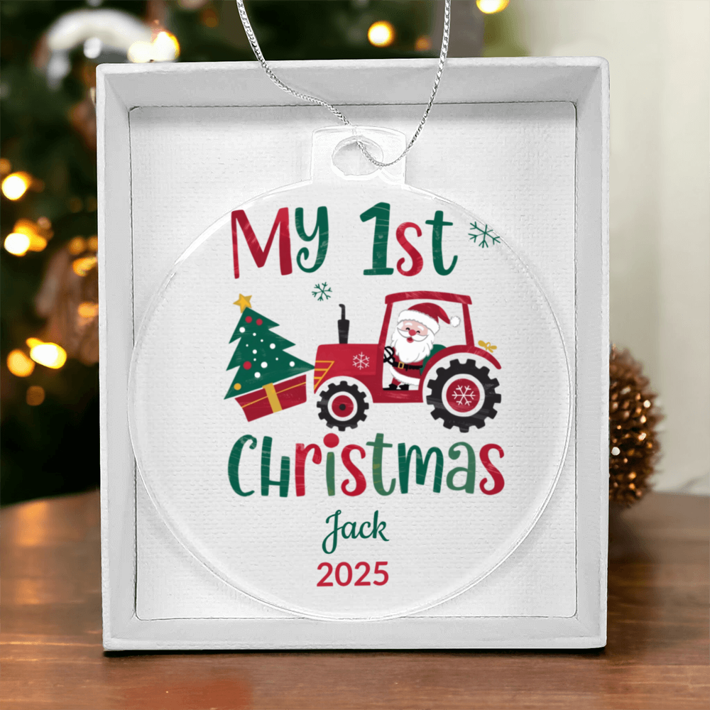 Personalized My 1st Christmas Santa Tractor Acrylic Ornament with Name & Year Keepsake Gift