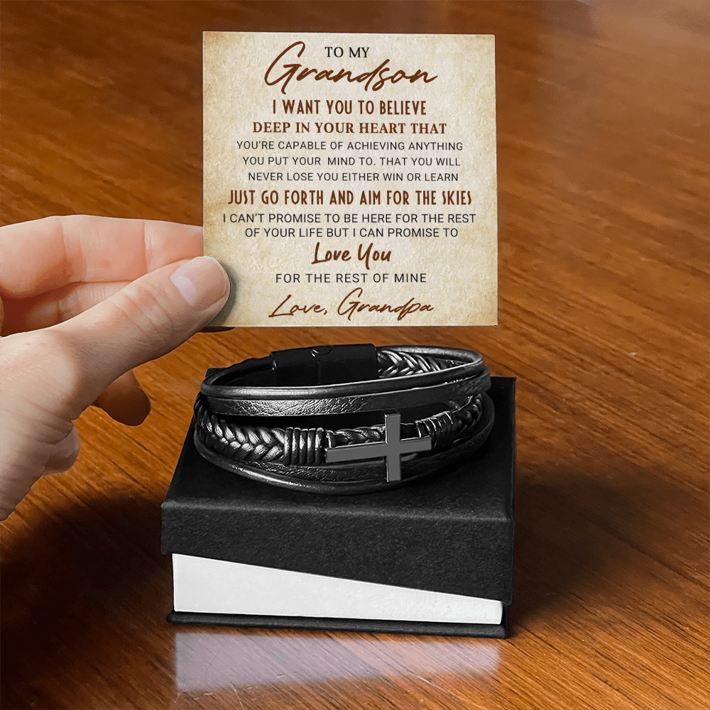 Grandson Personalized Cross Braided Leather Bracelet - Aim For The Skies