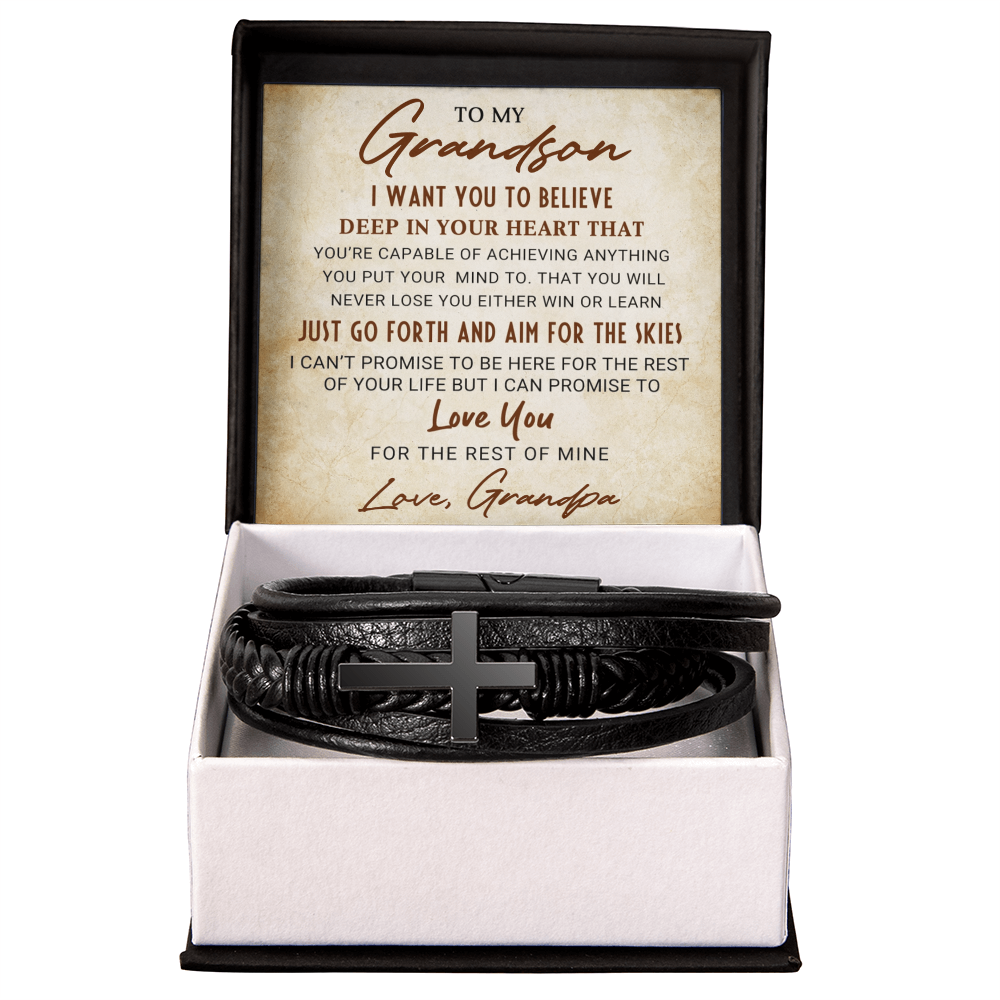 Grandson Personalized Cross Braided Leather Bracelet - Aim For The Skies