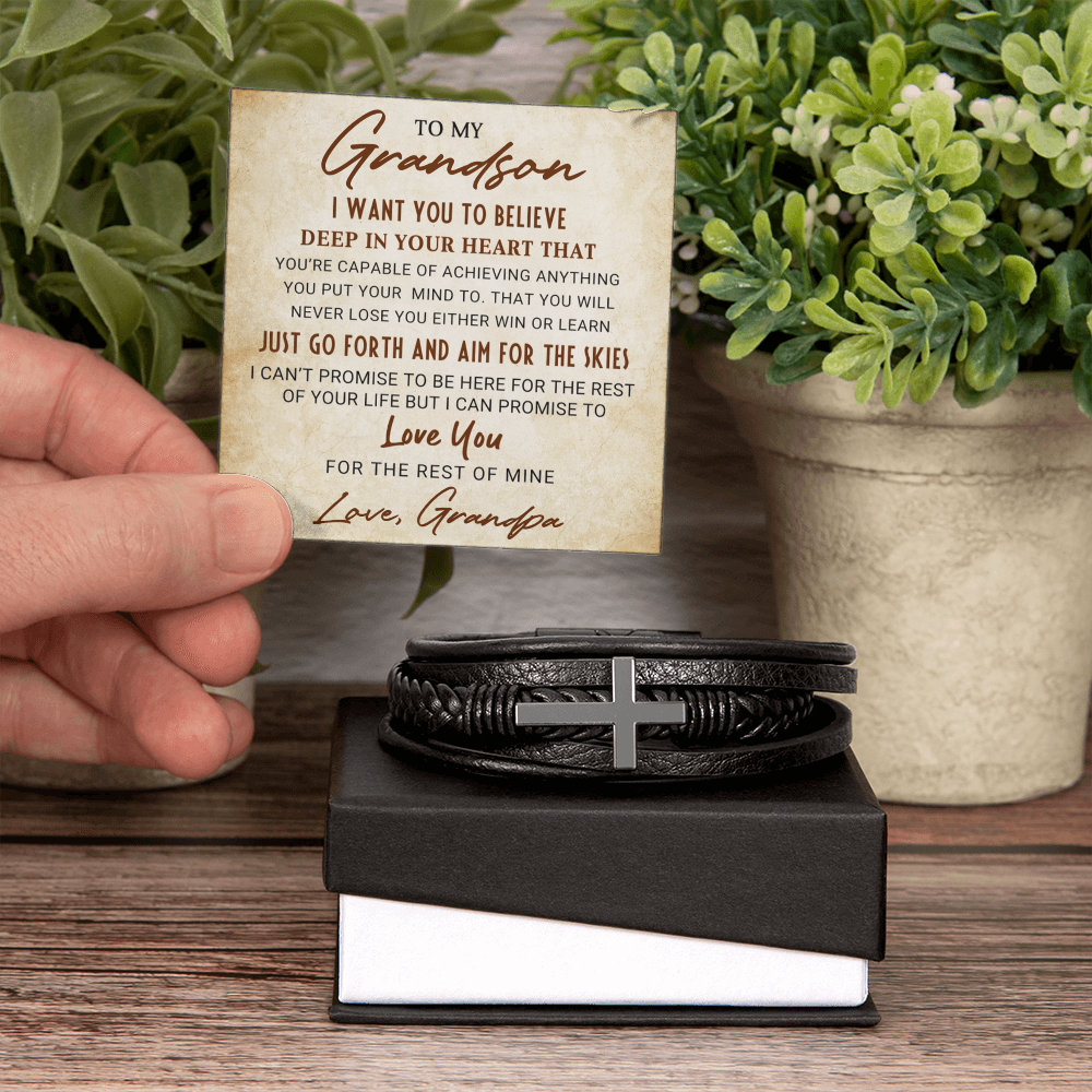 Grandson Personalized Cross Braided Leather Bracelet - Aim For The Skies