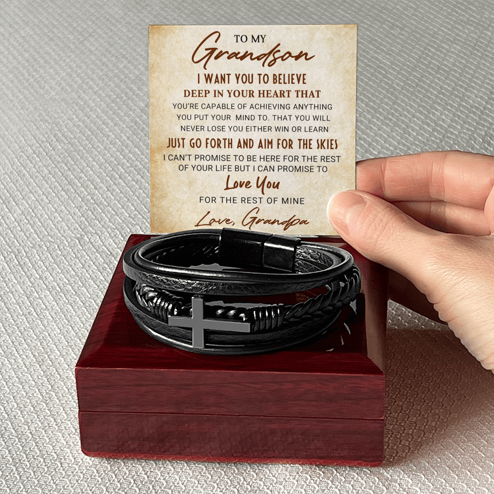 Grandson Personalized Cross Braided Leather Bracelet - Aim For The Skies