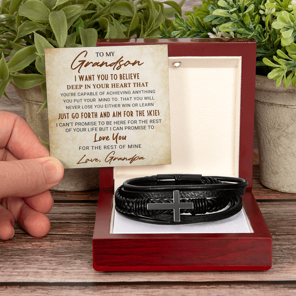 Grandson Personalized Cross Braided Leather Bracelet - Aim For The Skies