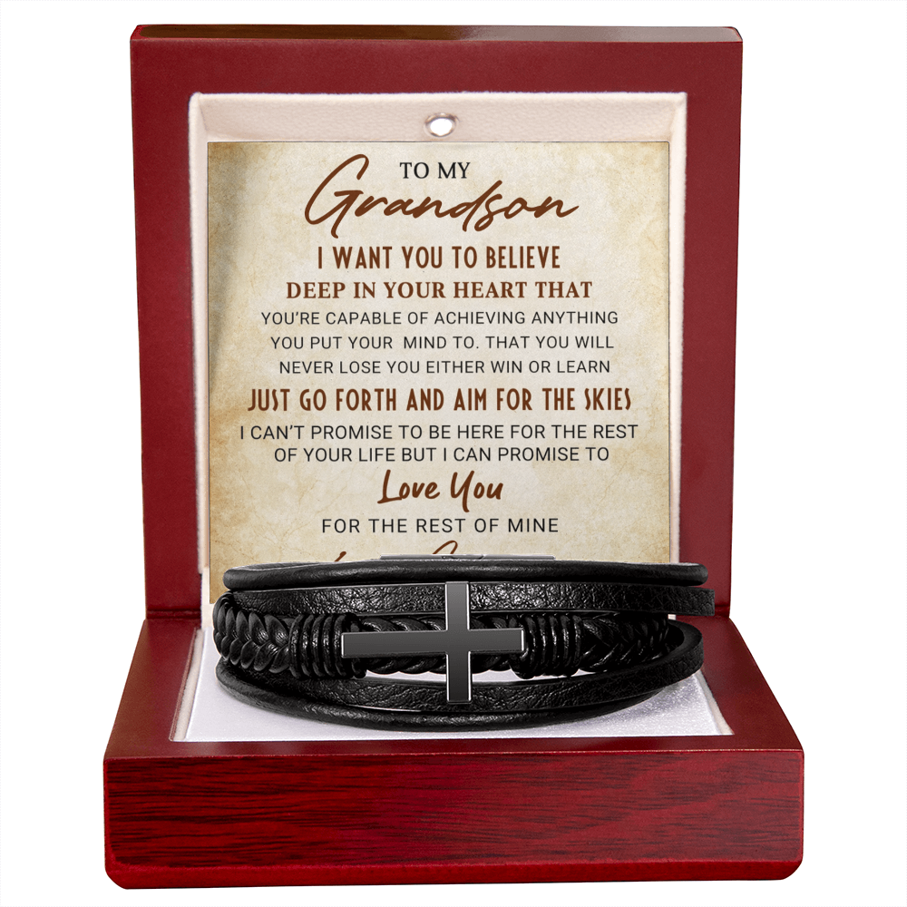 Grandson Personalized Cross Braided Leather Bracelet - Aim For The Skies