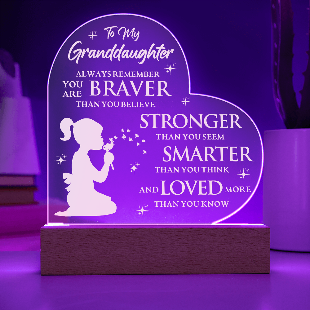 To My Granddaughter Lighted Heart Acrylic Plaque – Braver, Stronger, Smarter, Loved • LED Night Light Keepsake • Inspirational Gift from Grandma or Grandpa