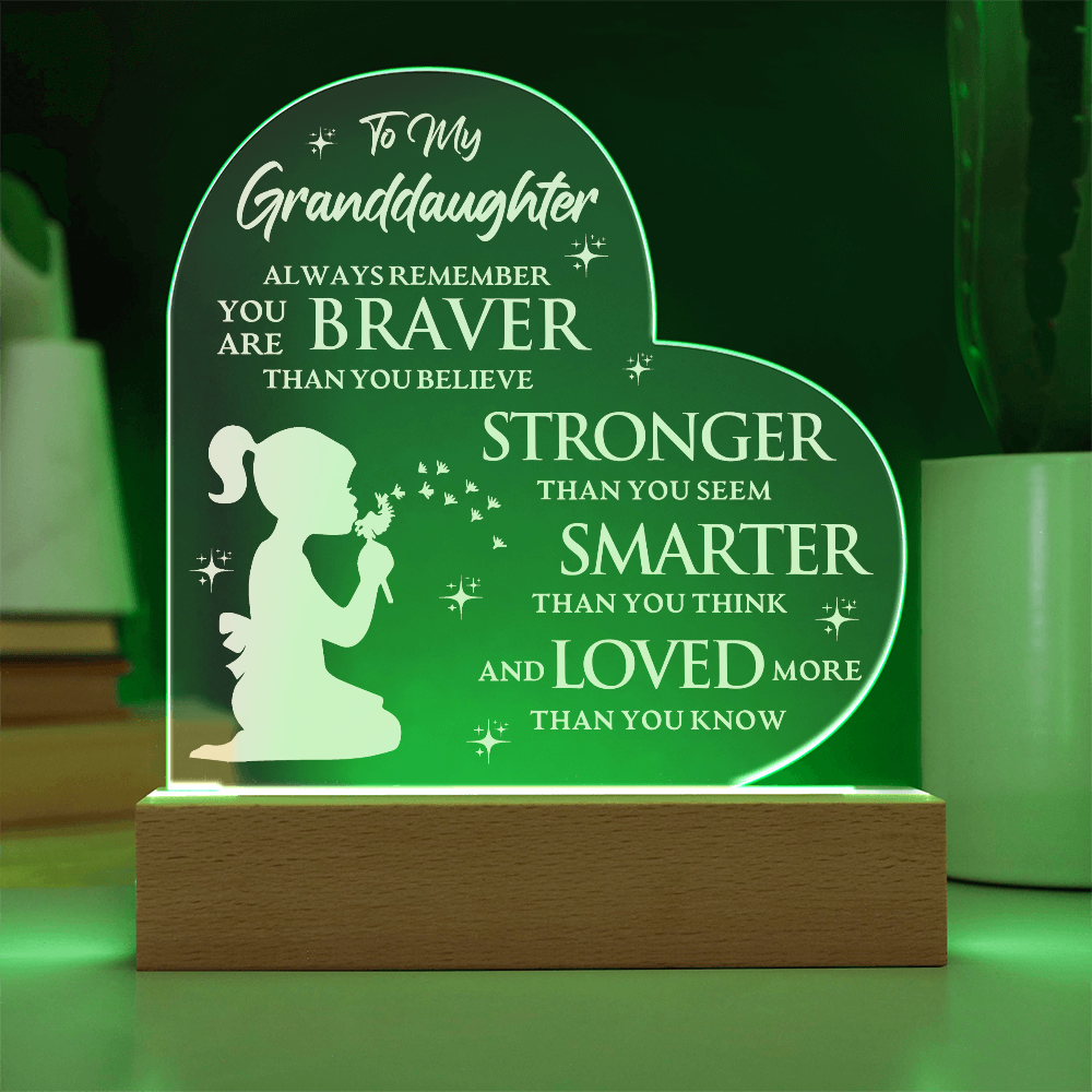 To My Granddaughter Lighted Heart Acrylic Plaque – Braver, Stronger, Smarter, Loved • LED Night Light Keepsake • Inspirational Gift from Grandma or Grandpa