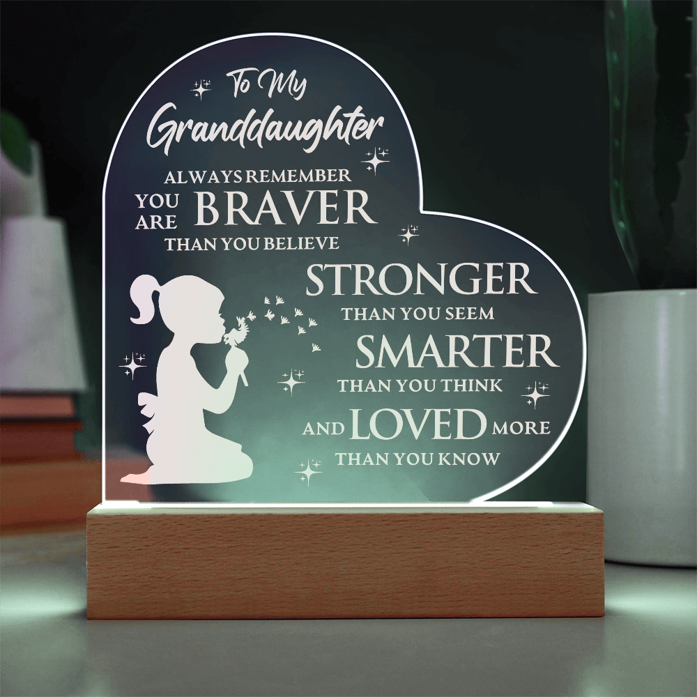 To My Granddaughter Lighted Heart Acrylic Plaque – Braver, Stronger, Smarter, Loved • LED Night Light Keepsake • Inspirational Gift from Grandma or Grandpa