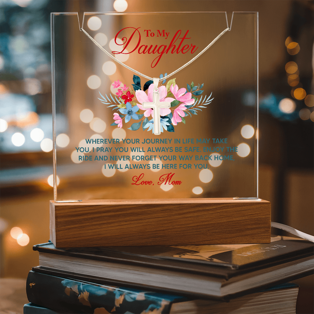 To My Daughter Acrylic Plaque with Cross Necklace From Mom Faith Gift | Christian Daughter Keepsake