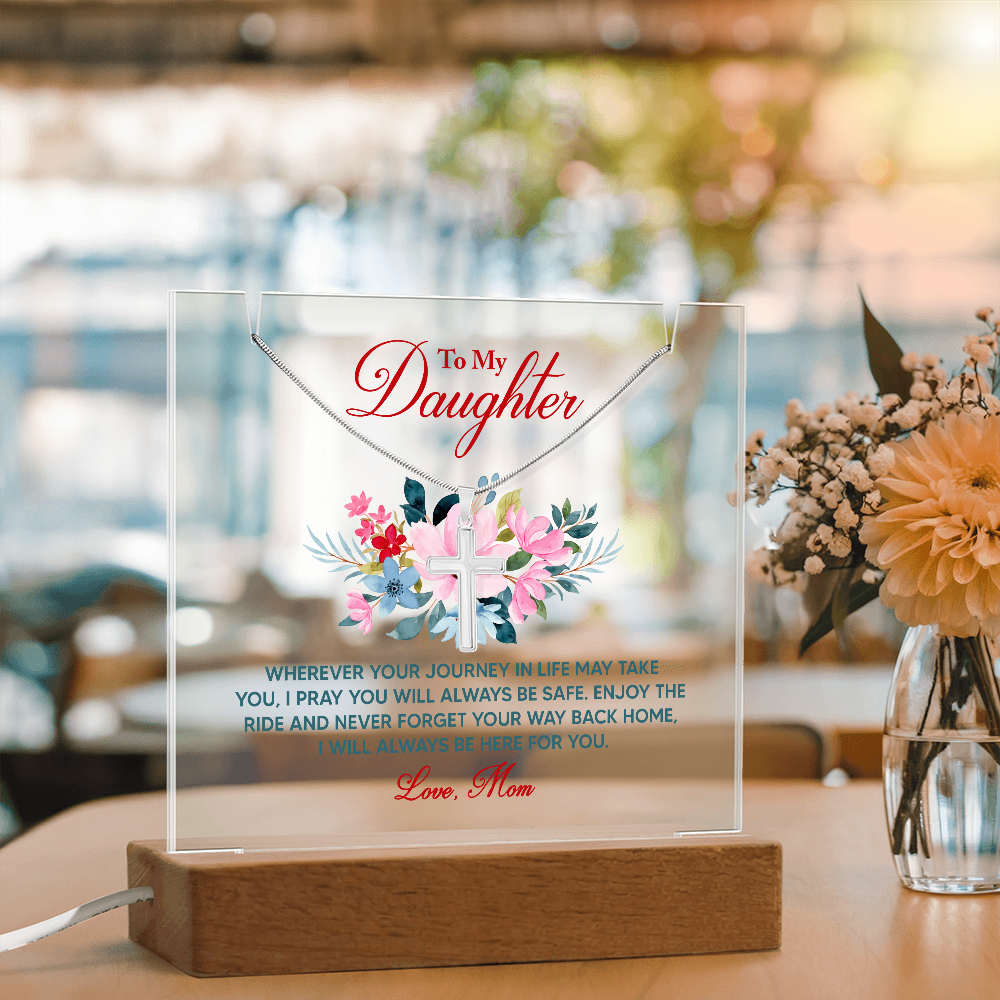 To My Daughter Acrylic Plaque with Cross Necklace From Mom Faith Gift | Christian Daughter Keepsake