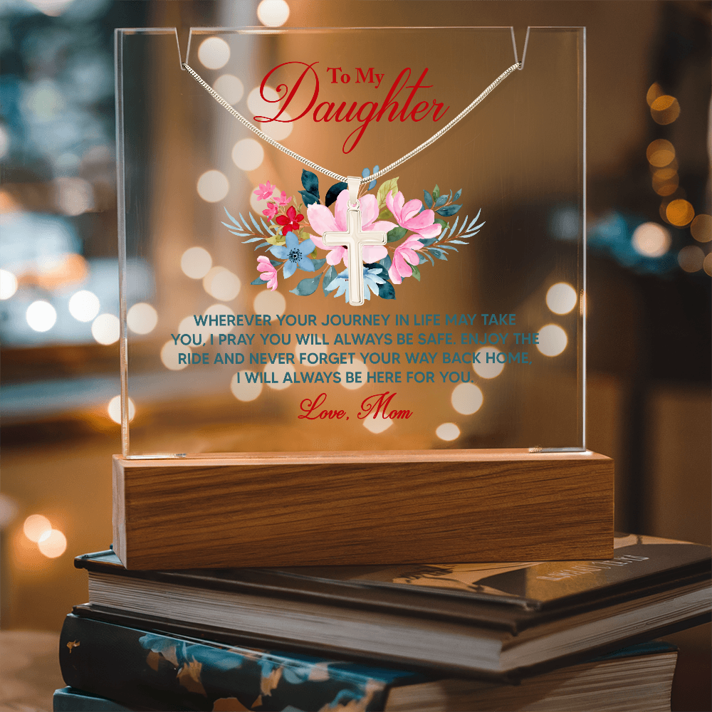 To My Daughter Acrylic Plaque with Cross Necklace From Mom Faith Gift | Christian Daughter Keepsake