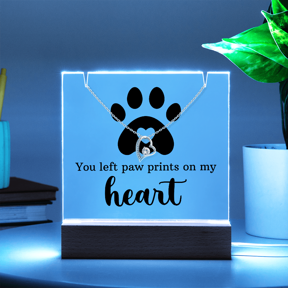 Pet Memorial Acrylic Plaque with Necklace - You Left Paw Prints on My Heart