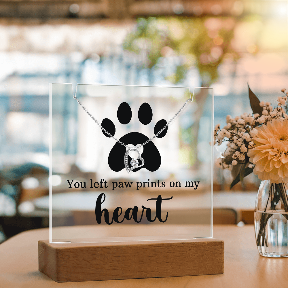 Pet Memorial Acrylic Plaque with Necklace - You Left Paw Prints on My Heart