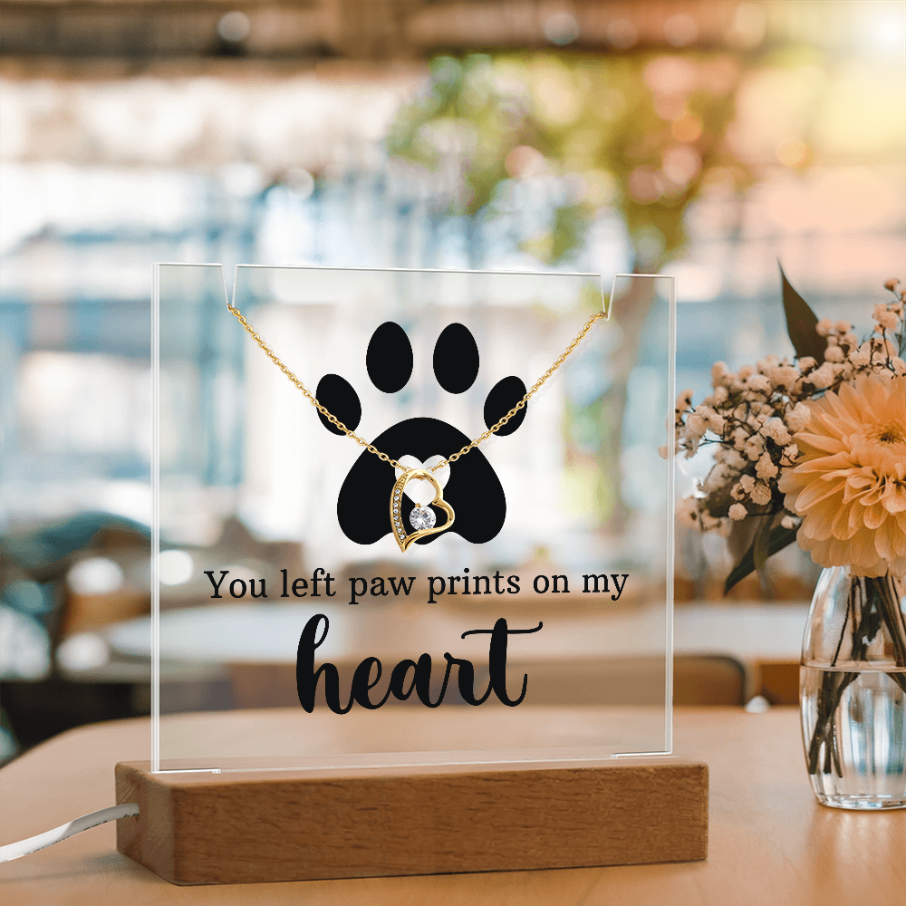 Pet Memorial Acrylic Plaque with Necklace - You Left Paw Prints on My Heart