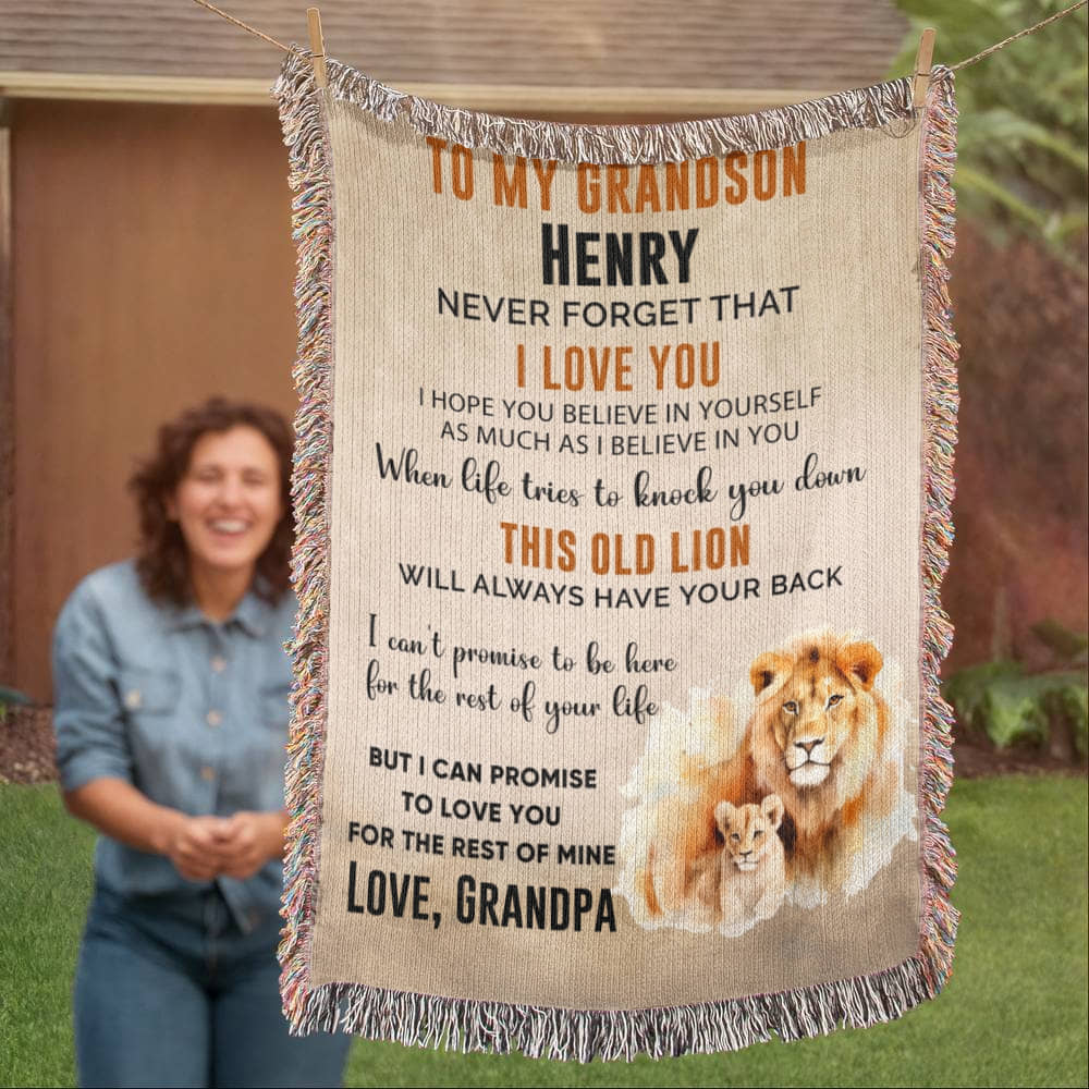 Personalized Grandson Lion Woven Blanket – Heirloom Throw from Grandma or Grandpa • Custom Name & Signature • This Old Lion Has Your Back Keepsake Gift