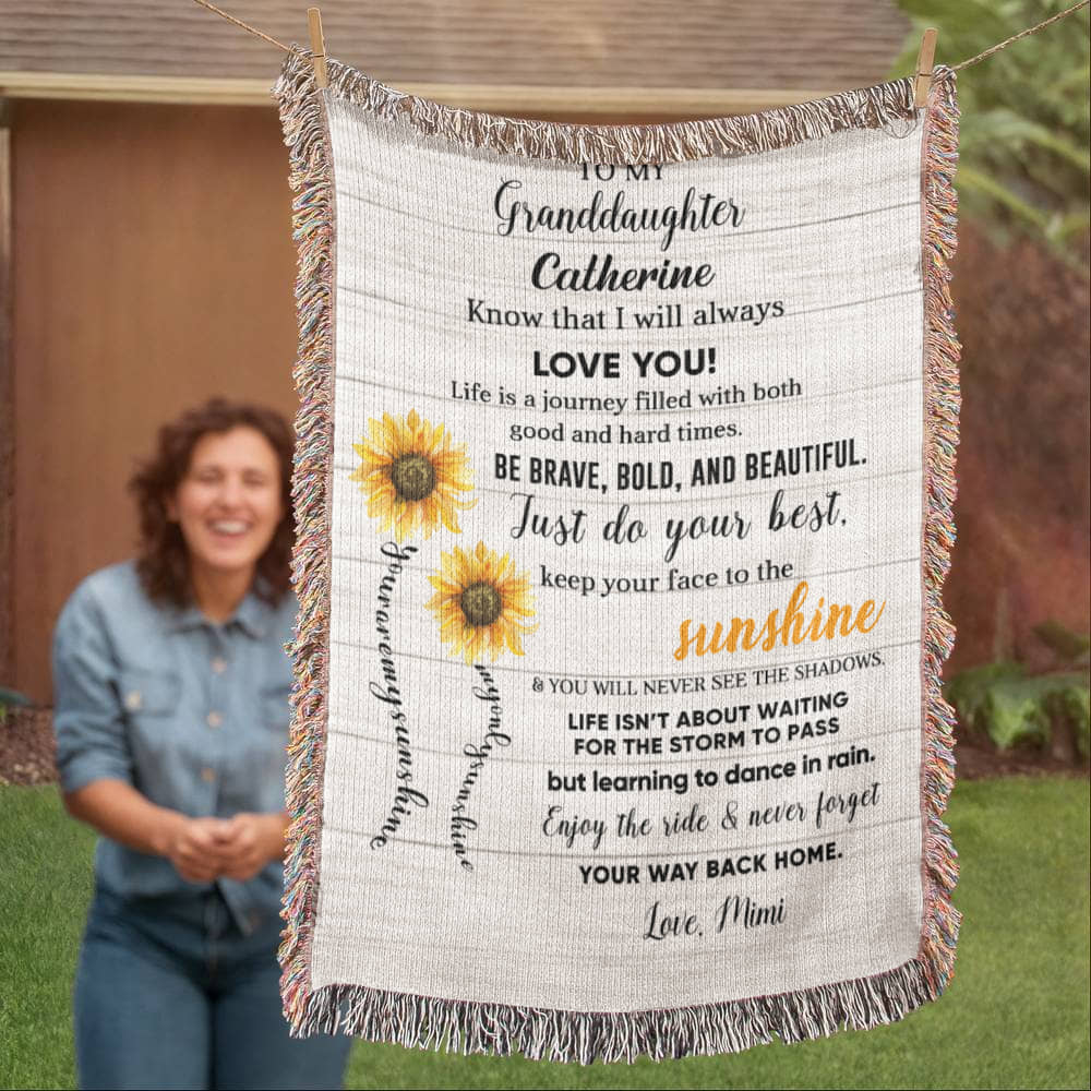 Personalized Sunflower Woven Blanket – Heirloom Gift for Granddaughter or Daughter Custom Name & Signature • Inspirational Keepsake Throw