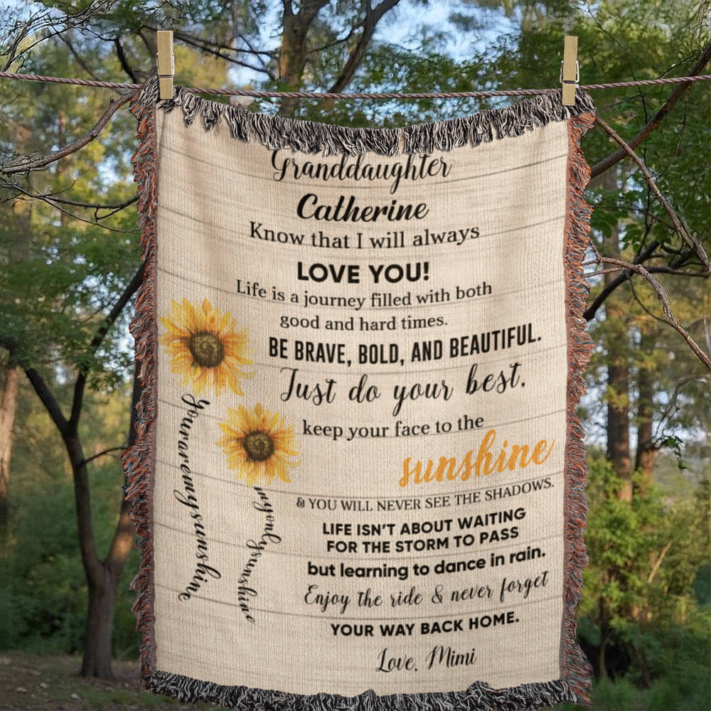 Personalized Sunflower Woven Blanket – Heirloom Gift for Granddaughter or Daughter Custom Name & Signature • Inspirational Keepsake Throw