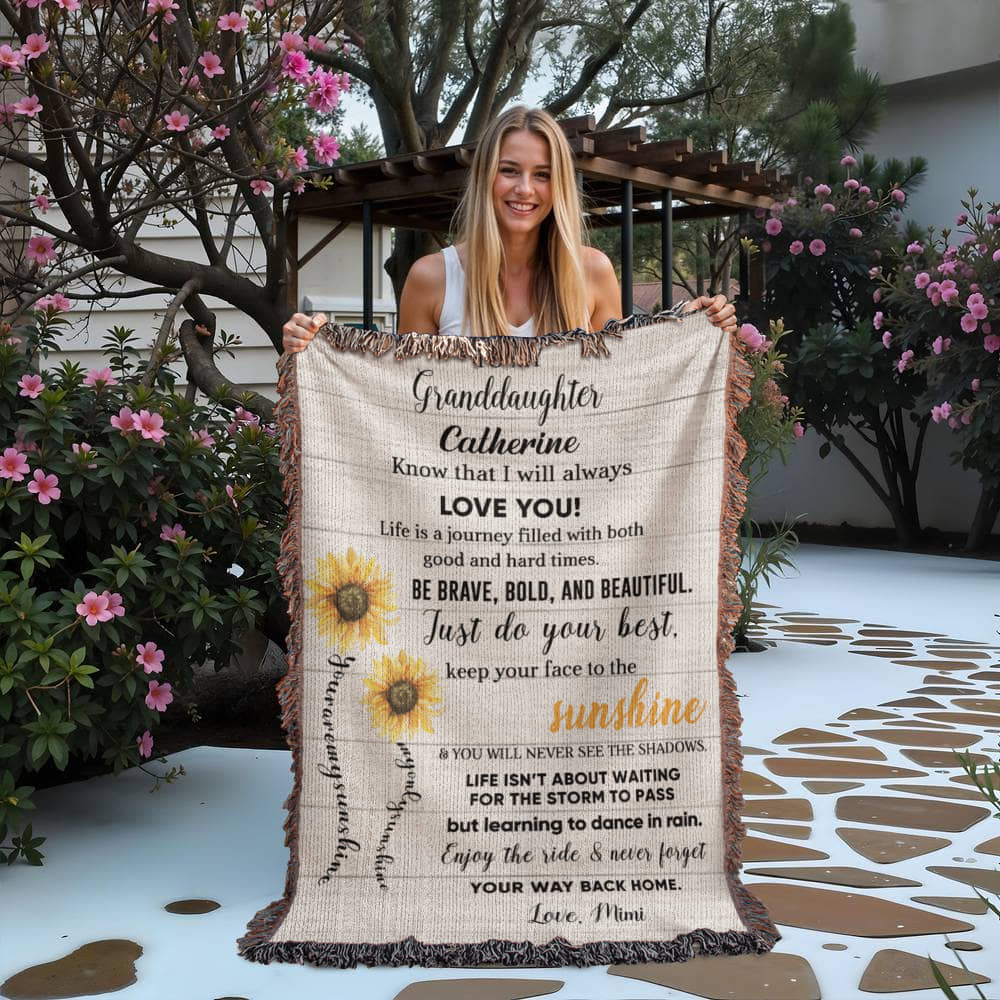 Personalized Sunflower Woven Blanket – Heirloom Gift for Granddaughter or Daughter Custom Name & Signature • Inspirational Keepsake Throw