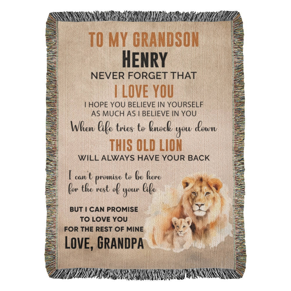 Personalized Grandson Lion Woven Blanket – Heirloom Throw from Grandma or Grandpa • Custom Name & Signature • This Old Lion Has Your Back Keepsake Gift