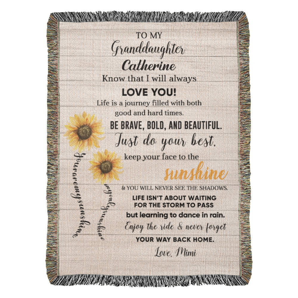 Personalized Sunflower Woven Blanket – Heirloom Gift for Granddaughter or Daughter Custom Name & Signature • Inspirational Keepsake Throw
