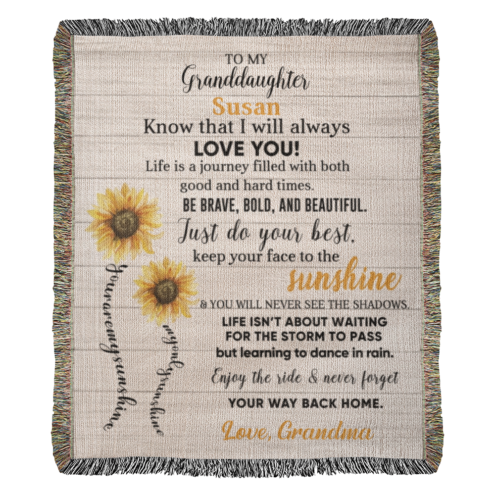 Personalized Sunflower Woven Blanket – Heirloom Gift for Granddaughter or Daughter Custom Name & Signature • Inspirational Keepsake Throw