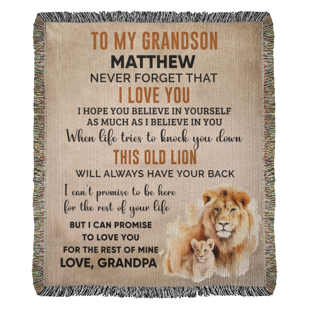 Personalized Grandson Lion Woven Blanket – Heirloom Throw from Grandma or Grandpa • Custom Name & Signature • This Old Lion Has Your Back Keepsake Gift