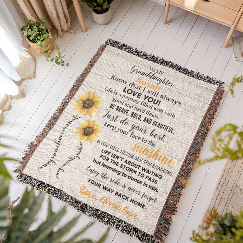 Personalized Sunflower Woven Blanket – Heirloom Gift for Granddaughter or Daughter Custom Name & Signature • Inspirational Keepsake Throw