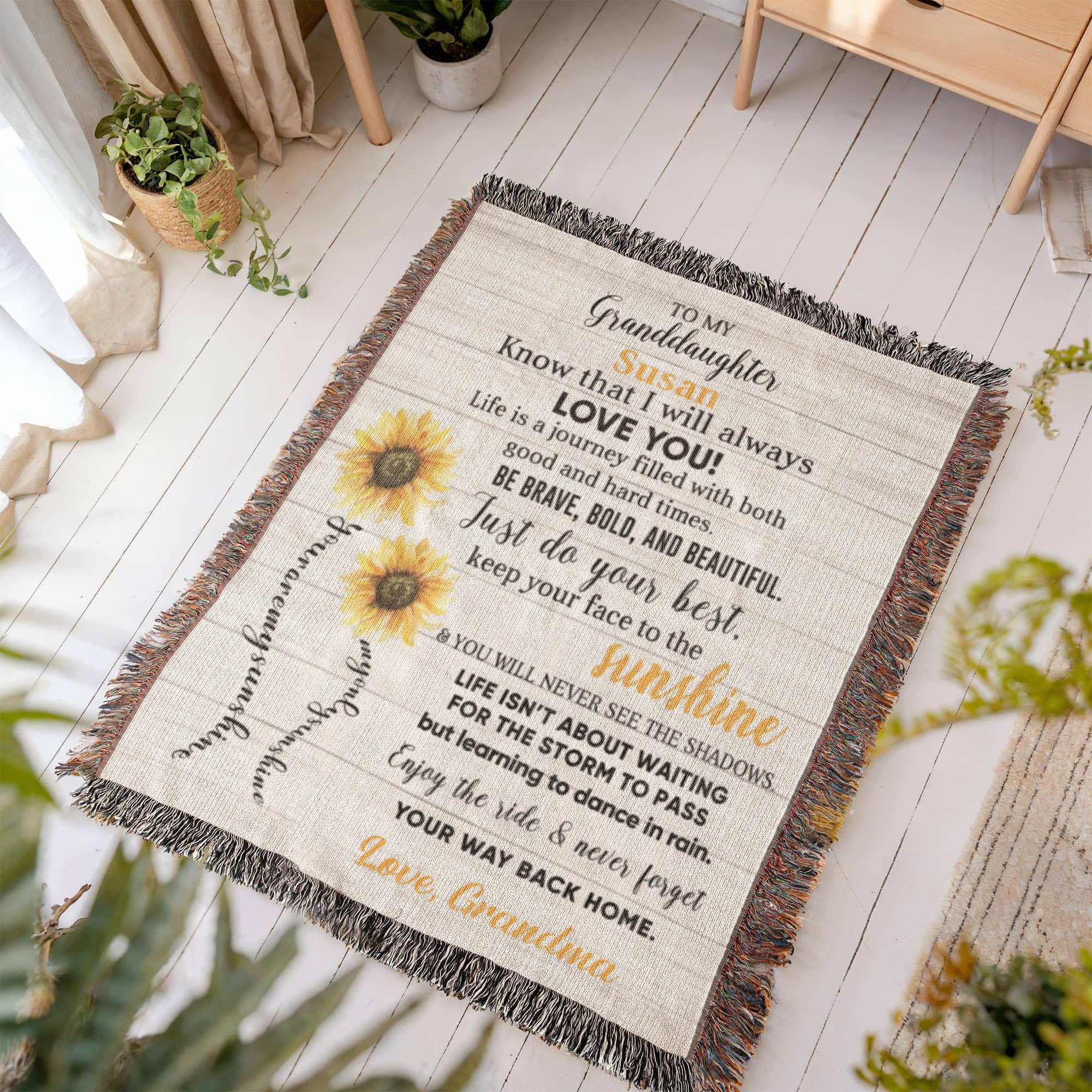 Personalized Sunflower Woven Blanket – Heirloom Gift for Granddaughter or Daughter Custom Name & Signature • Inspirational Keepsake Throw