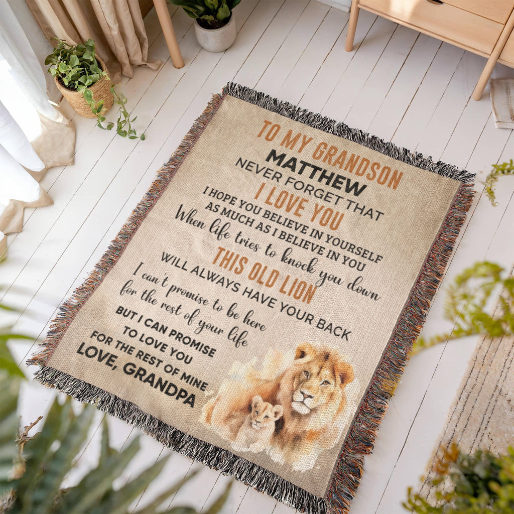 Personalized Grandson Lion Woven Blanket – Heirloom Throw from Grandma or Grandpa • Custom Name & Signature • This Old Lion Has Your Back Keepsake Gift