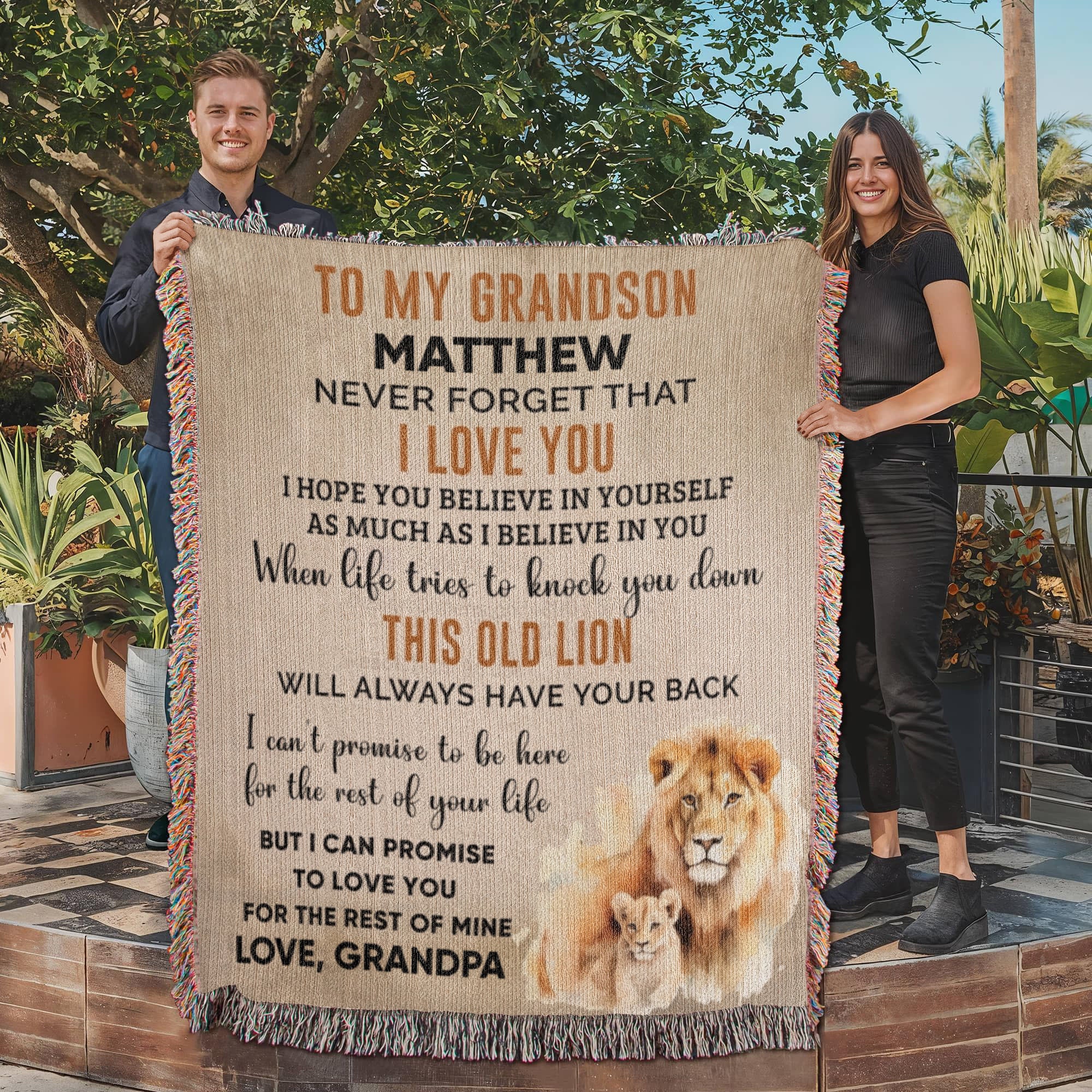 Personalized Grandson Lion Woven Blanket – Heirloom Throw from Grandma or Grandpa • Custom Name & Signature • This Old Lion Has Your Back Keepsake Gift