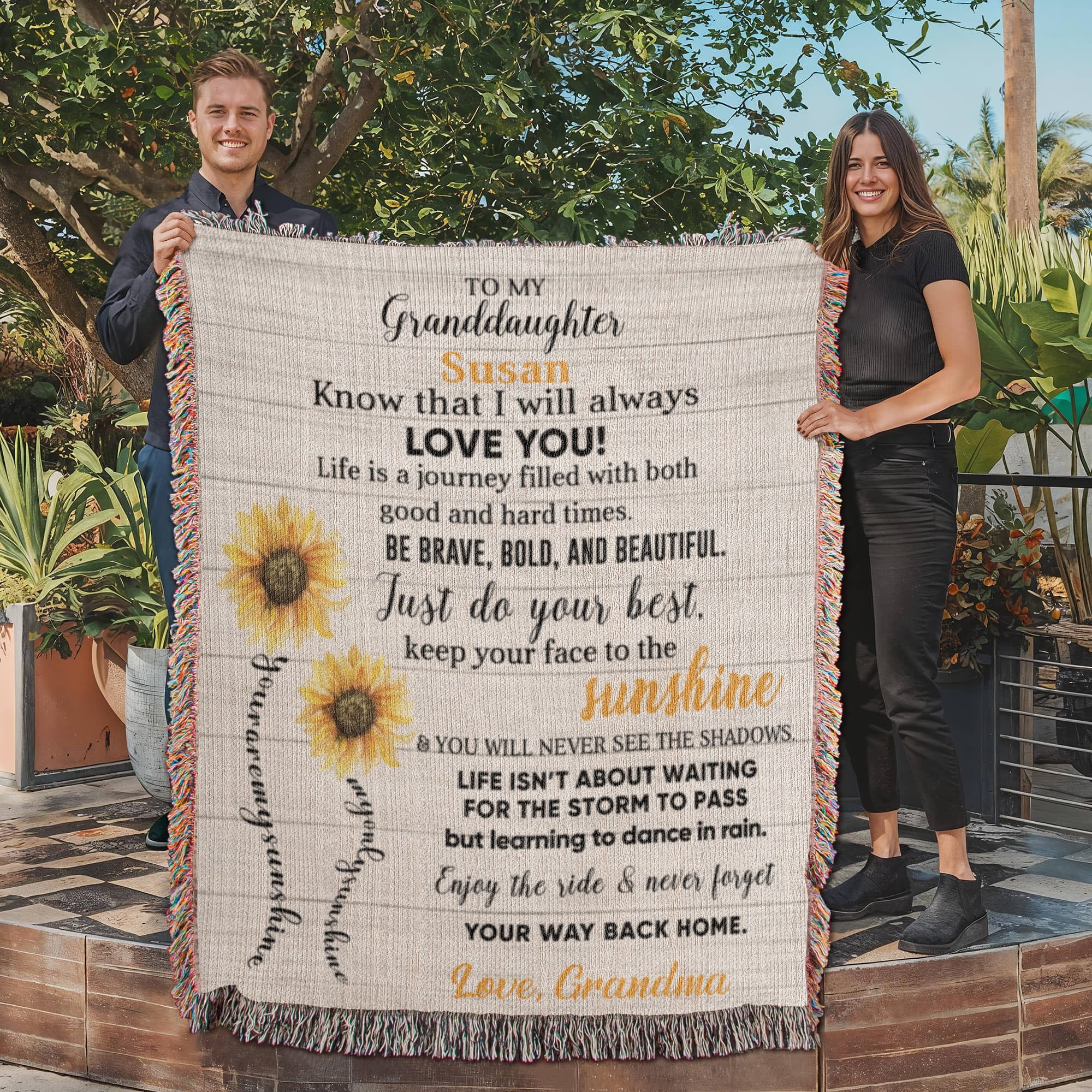 Personalized Sunflower Woven Blanket – Heirloom Gift for Granddaughter or Daughter Custom Name & Signature • Inspirational Keepsake Throw