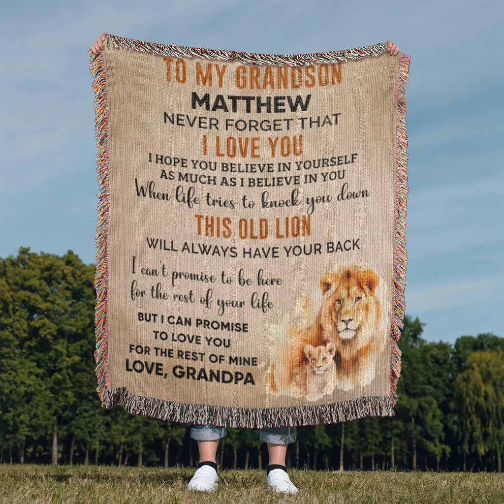 Personalized Grandson Lion Woven Blanket – Heirloom Throw from Grandma or Grandpa • Custom Name & Signature • This Old Lion Has Your Back Keepsake Gift